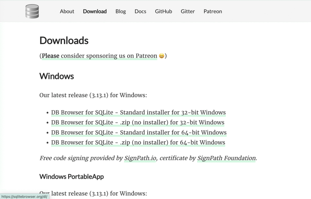 Download page of DB browser for SQLite